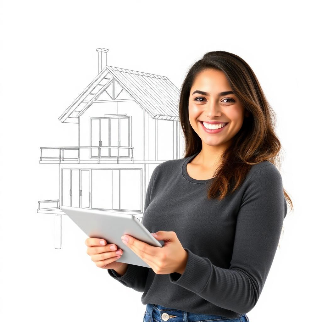 Woman with tablet and blueprint